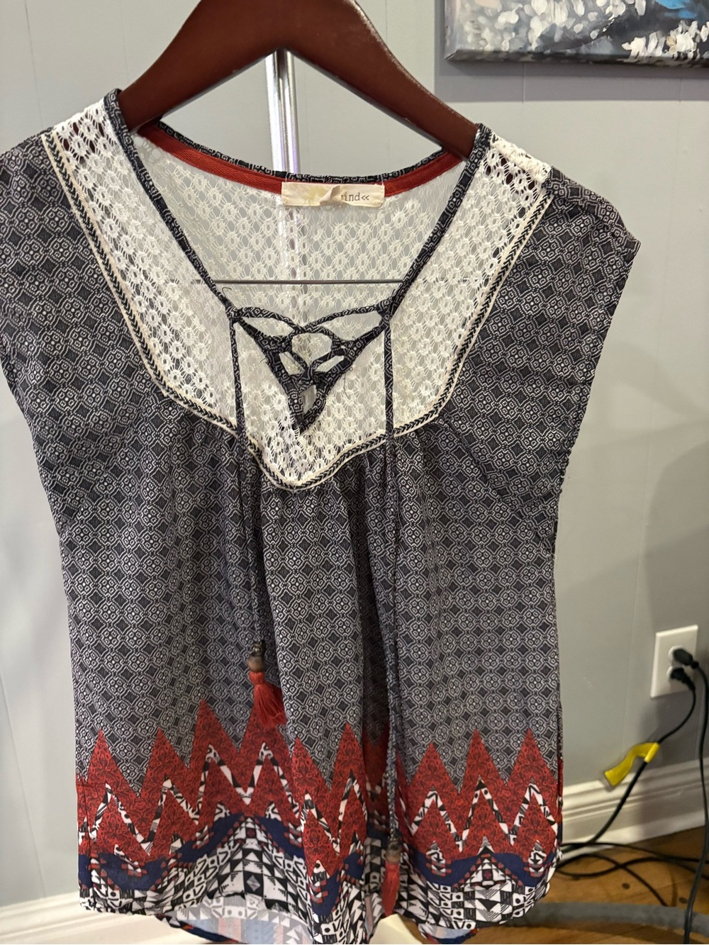 Rewind Navy and Red Printed Lace-Trim Tunic Top